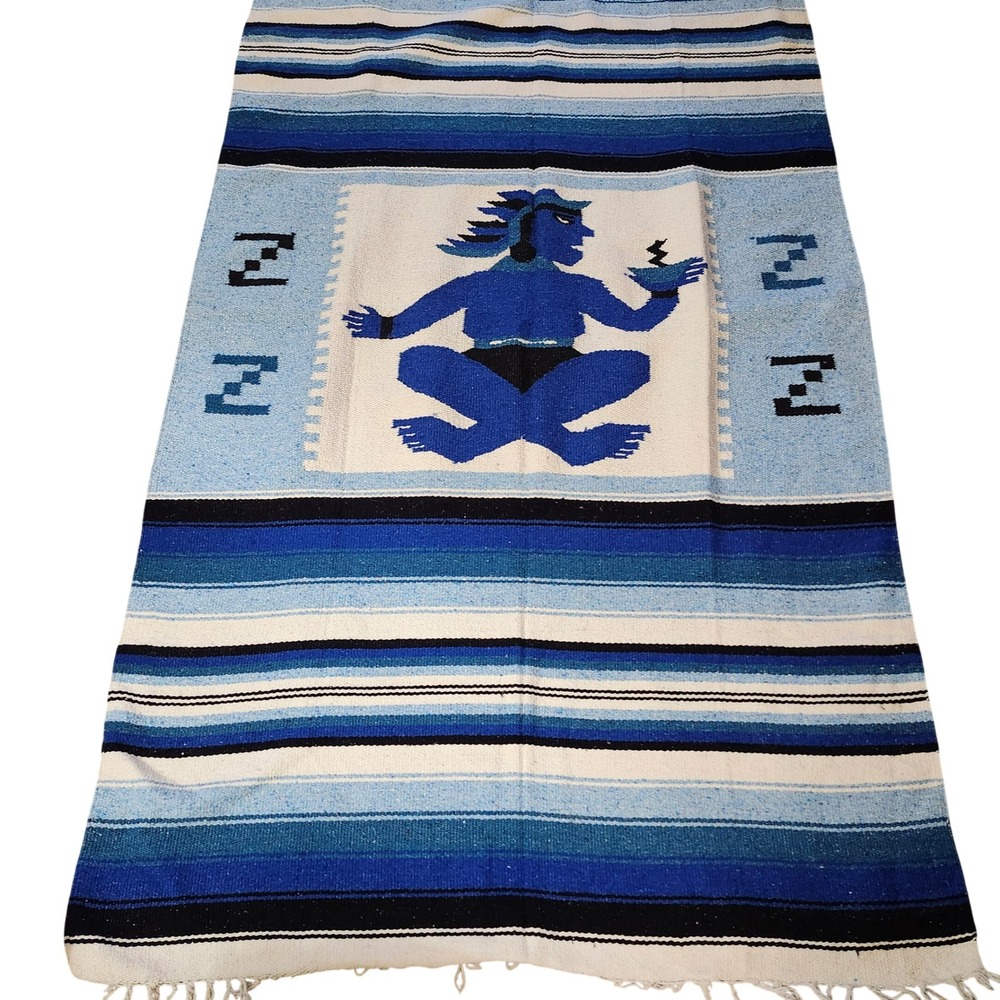 Vtg Hand Woven Mexican Aztec wool‎ blanket throw tapestry with fringe 82×48